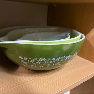 Pyrex Green Mixing Bowls with Floral Design